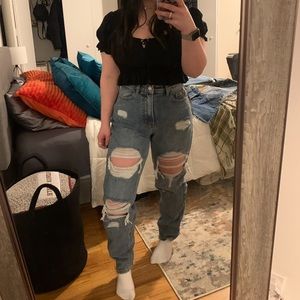 pretty little thing mid blue ripped mom jeans
